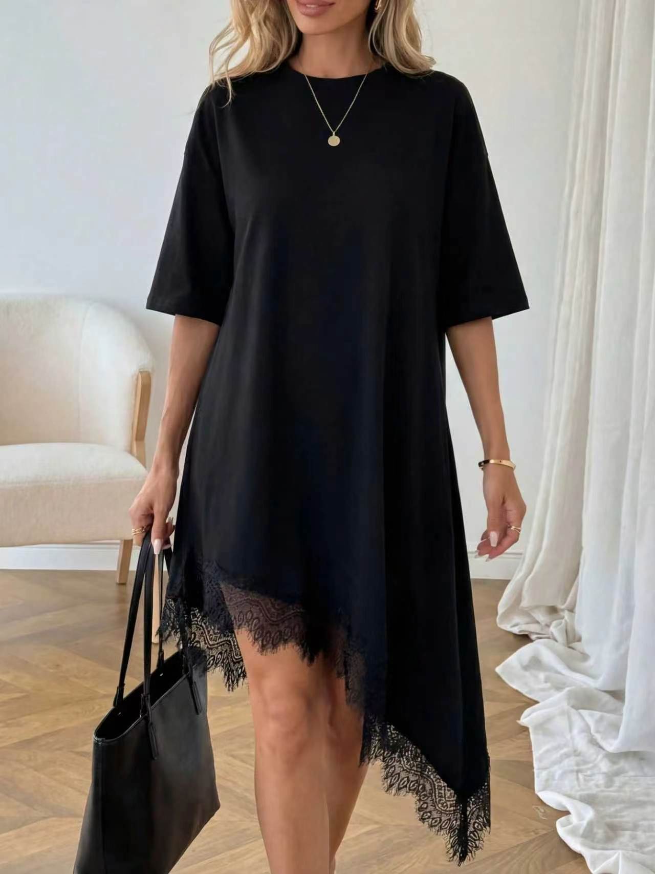 Women's Lace Trim Asymmetric Three-Quarter Sleeve Dress