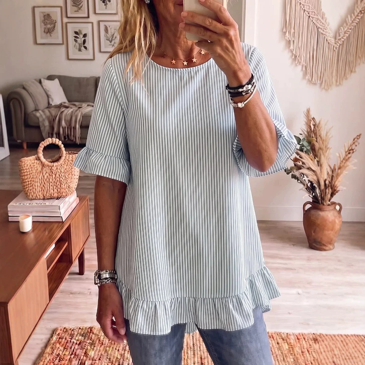 Women's Striped Ruffle-Sleeve Loose-Fit Blouse – Three-Quarter Sleeve