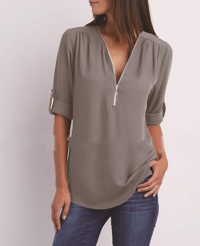 Women's Short-Sleeve Zip V-Neck Loose Top