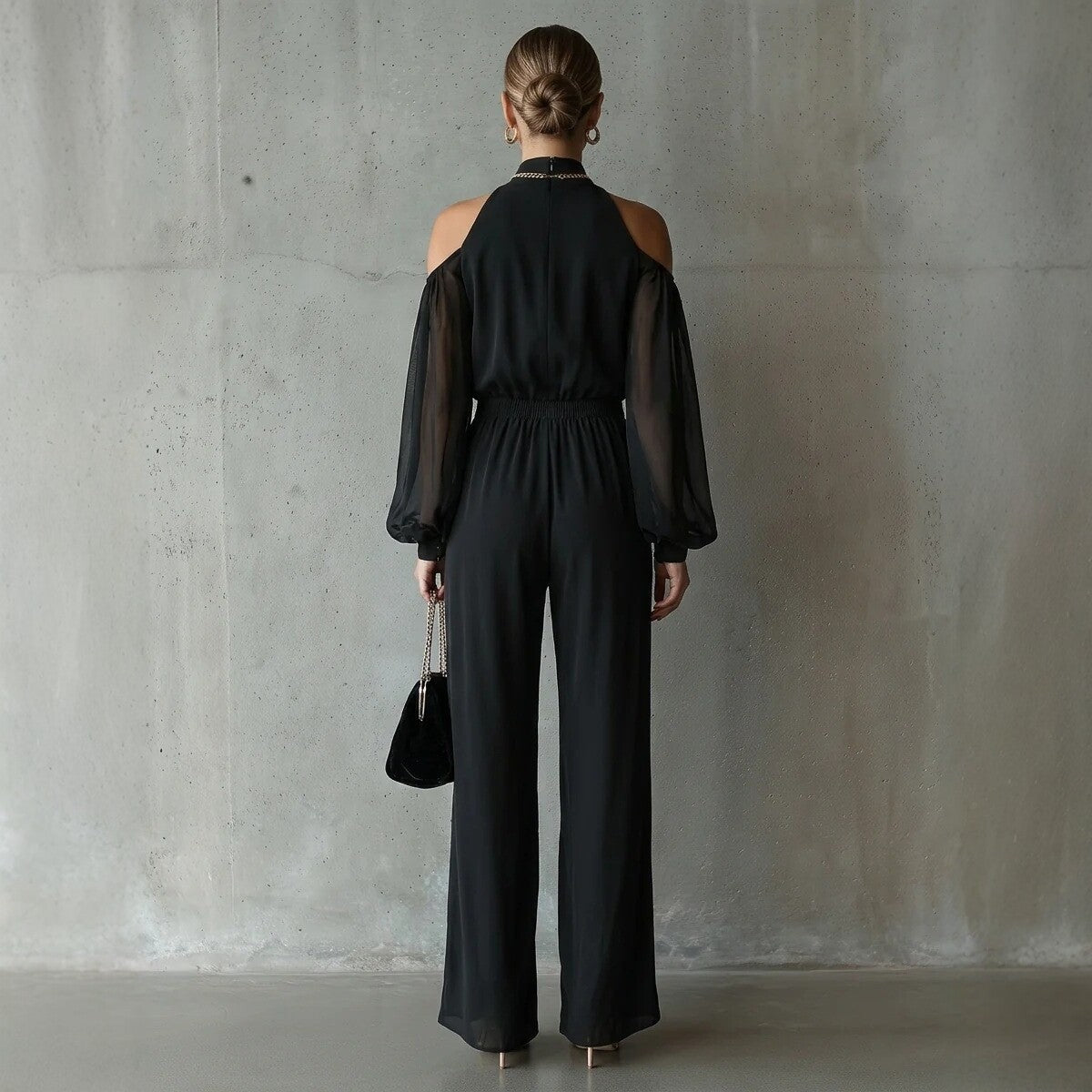Black Embroidered Women’s Long-Sleeve Wide-Leg Jumpsuit