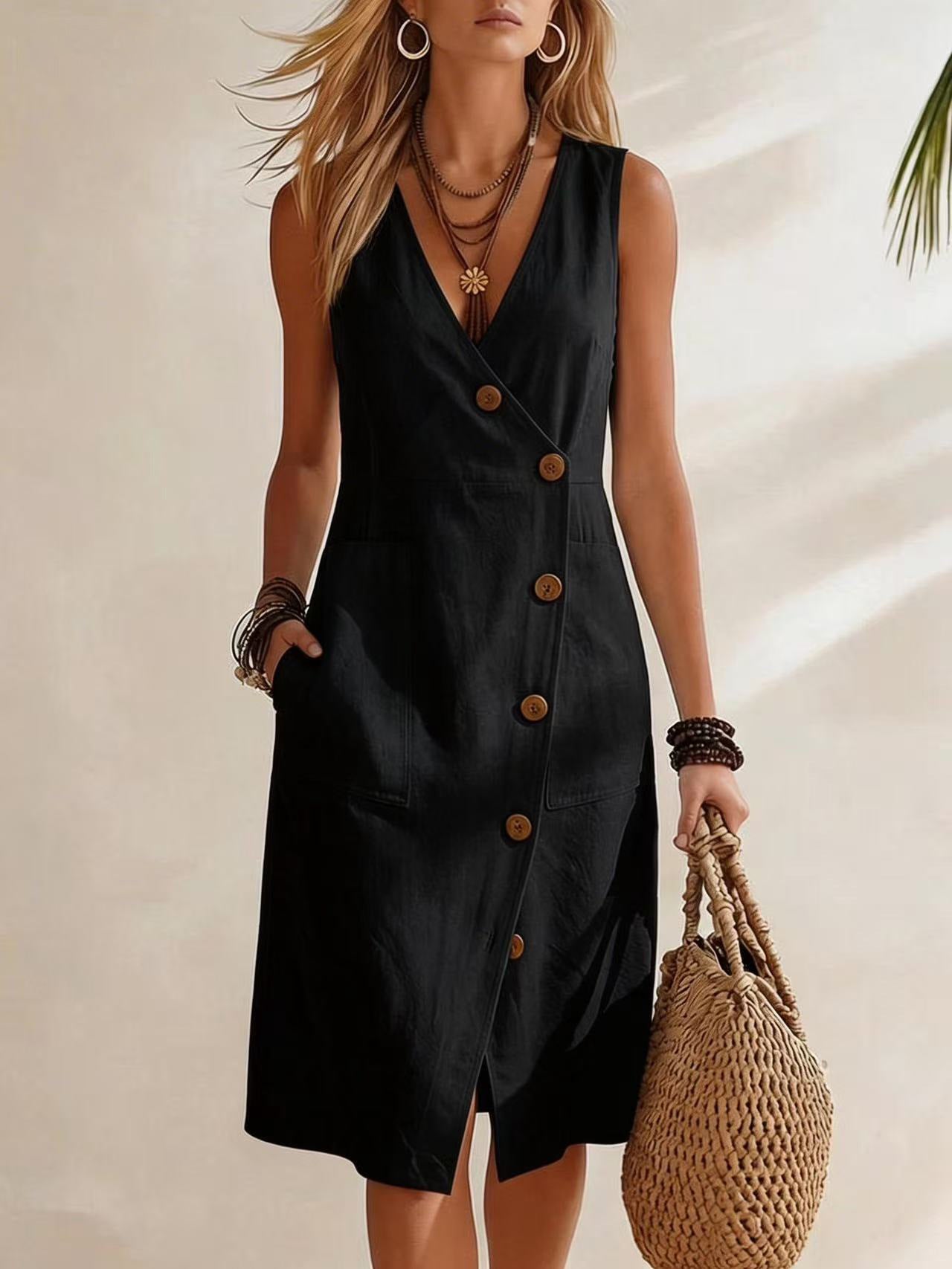 Women's Resort V-Neck Sleeveless Asymmetrical-Button Midi Dress