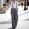 Women's High Waist Wide Leg Pants with Detachable Shoulder Straps & Pockets