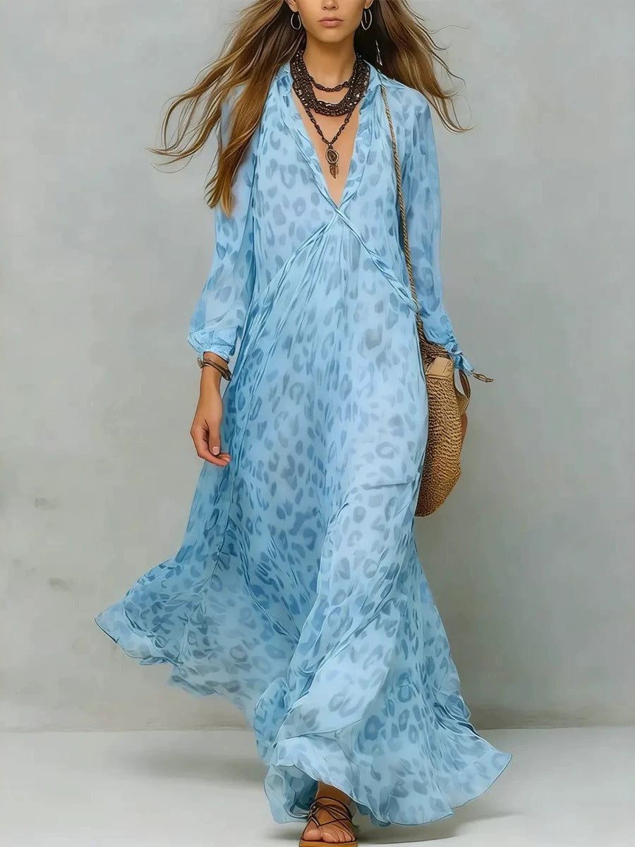 Women's Leopard Print Chiffon Deep V-Neck Flared Maxi Dress | Three-Quarter Sleeve Beach Vacation Dress