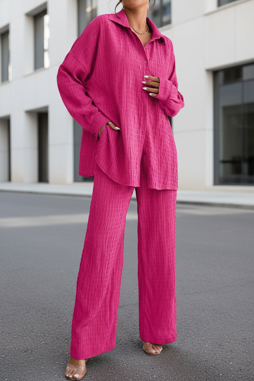 Women's Pleated Long Sleeve Lapel Two-Piece Set – Loose Top & Pants