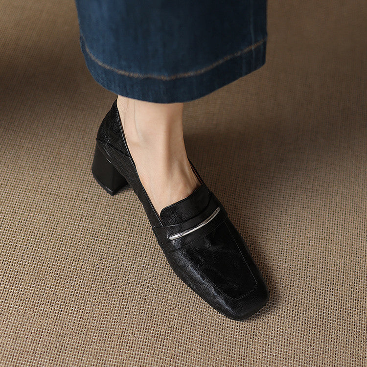 Women’s Sheepskin Square Toe Chunky Heel Pumps