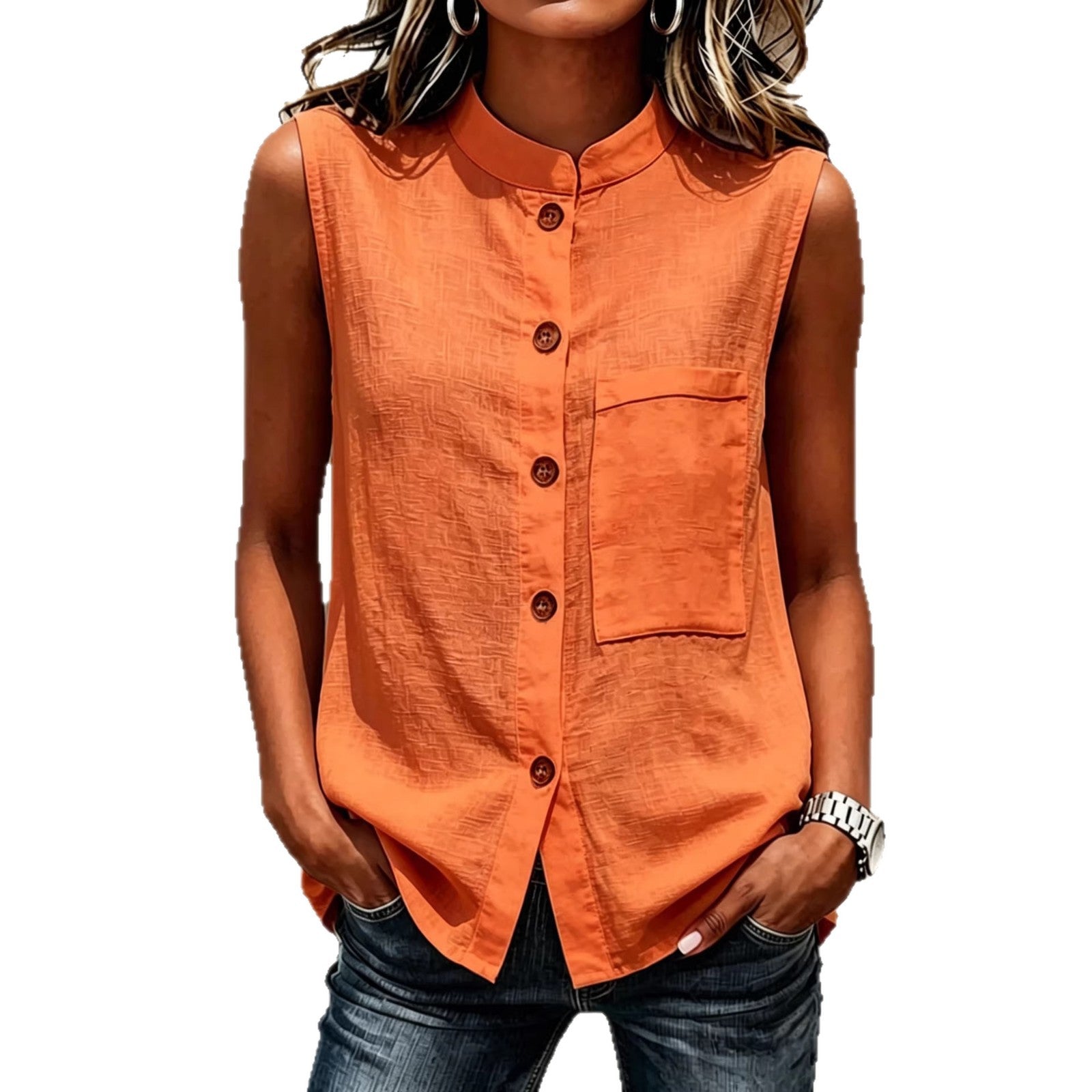 Women's Sleeveless Crop Top with Buttoned Pockets – Solid Color