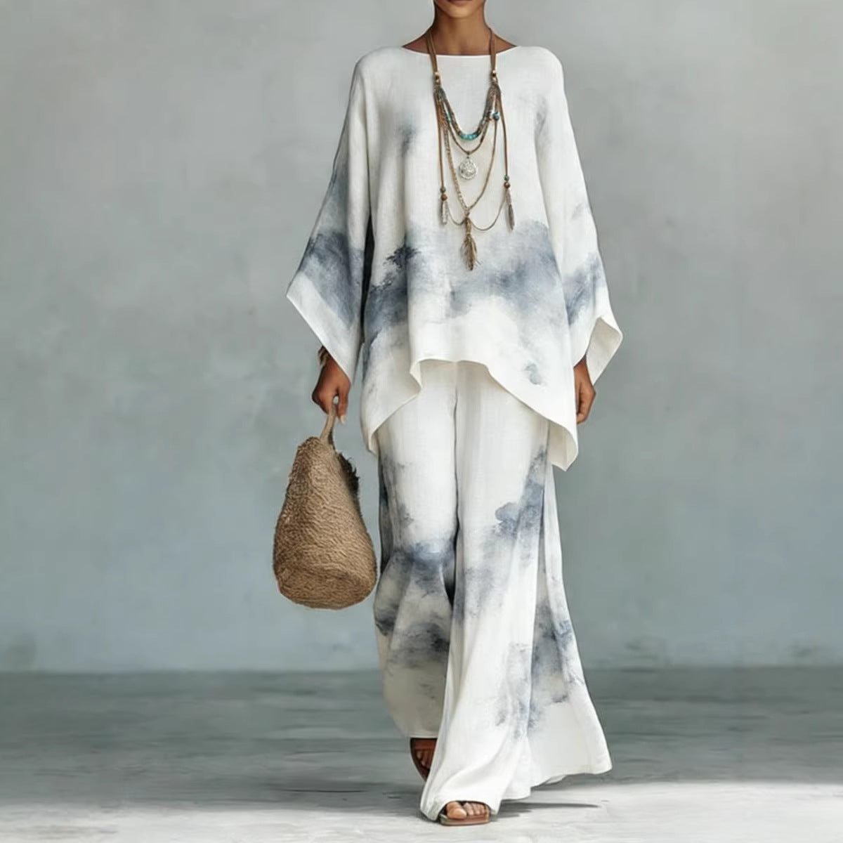 Floral Print Bamboo Linen Two-Piece Set | Wide-Leg Pants