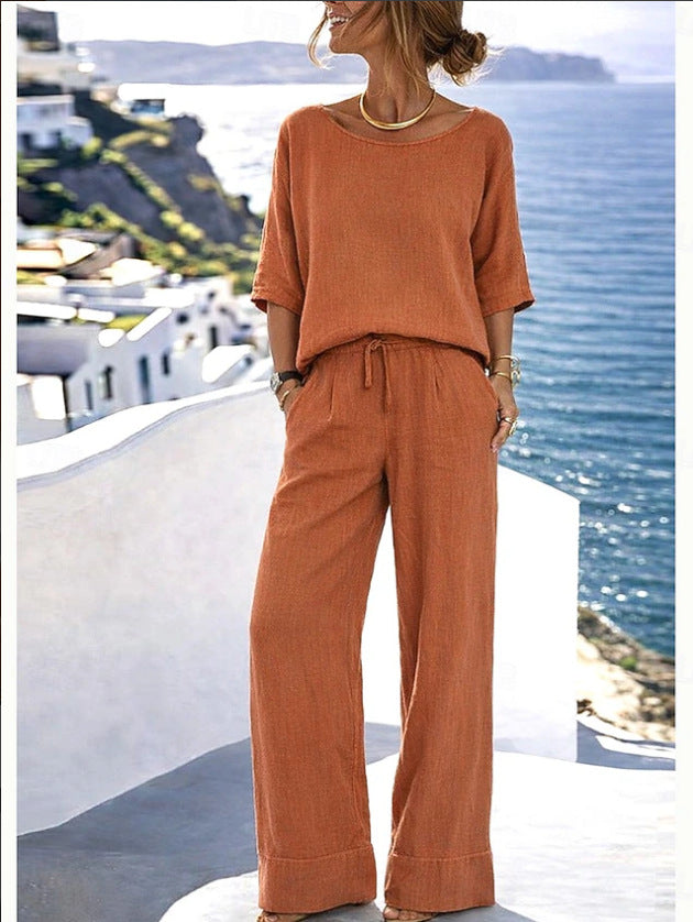 Women's Resort Set – Short Sleeve Top & Wide-Leg Pants