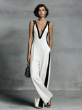 Women's Color-Block Sleeveless V-Neck Wide-Leg Jumpsuit – French Style Long Pants