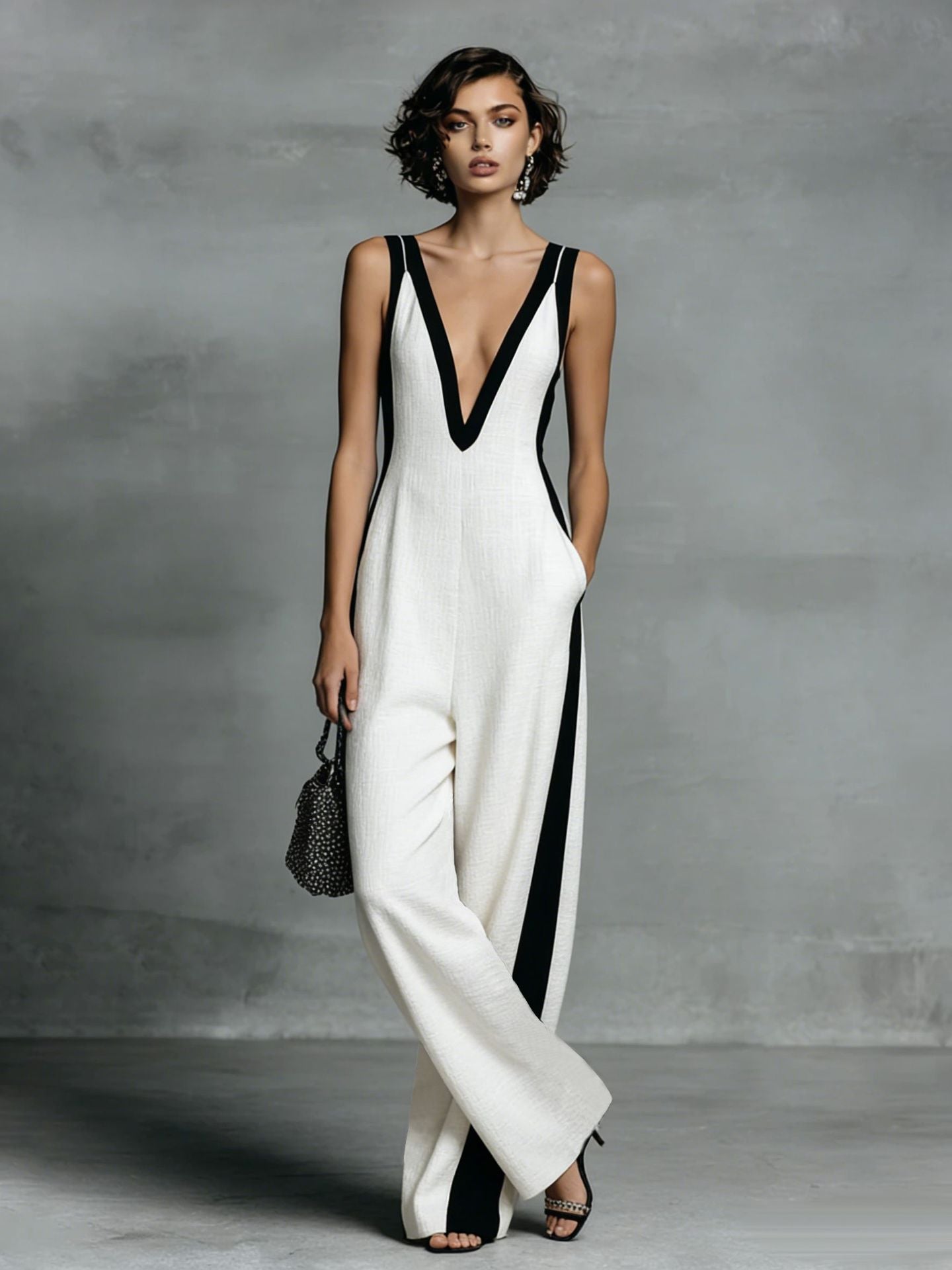 Women's Color-Block Sleeveless V-Neck Wide-Leg Jumpsuit – French Style Long Pants