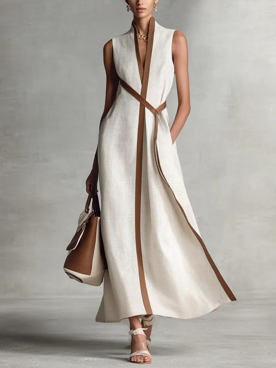 Women's Color Block Sleeveless Stand Collar Dress