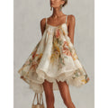 Women's Floral Print Spaghetti Strap Ruffle Neck Layered Lace Hem Mini Dress