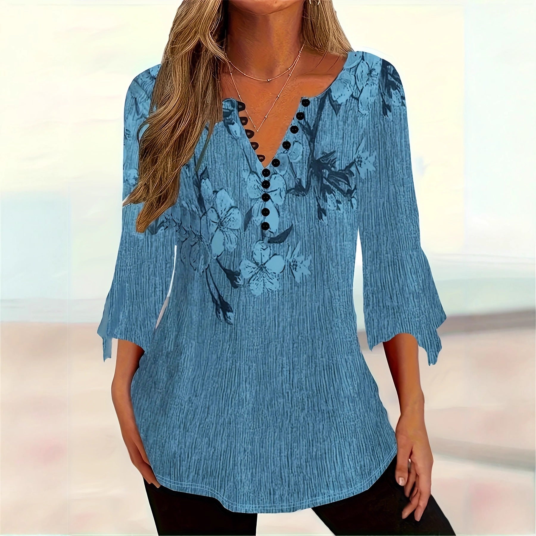 Women’s Printed Spike Button Three-Quarter Sleeve Casual Top