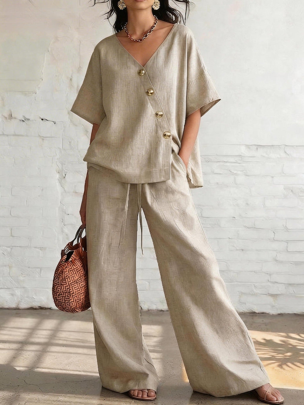 Women's Loose Cotton-Linen V-Neck Top & Wide-Leg Pants Set