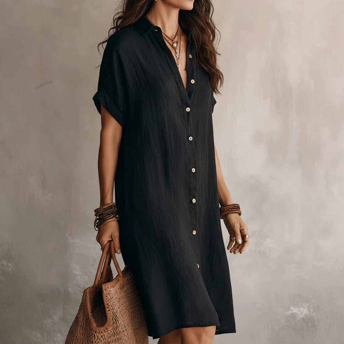 Women's Buttoned Midi Shirt Dress – Short Sleeve