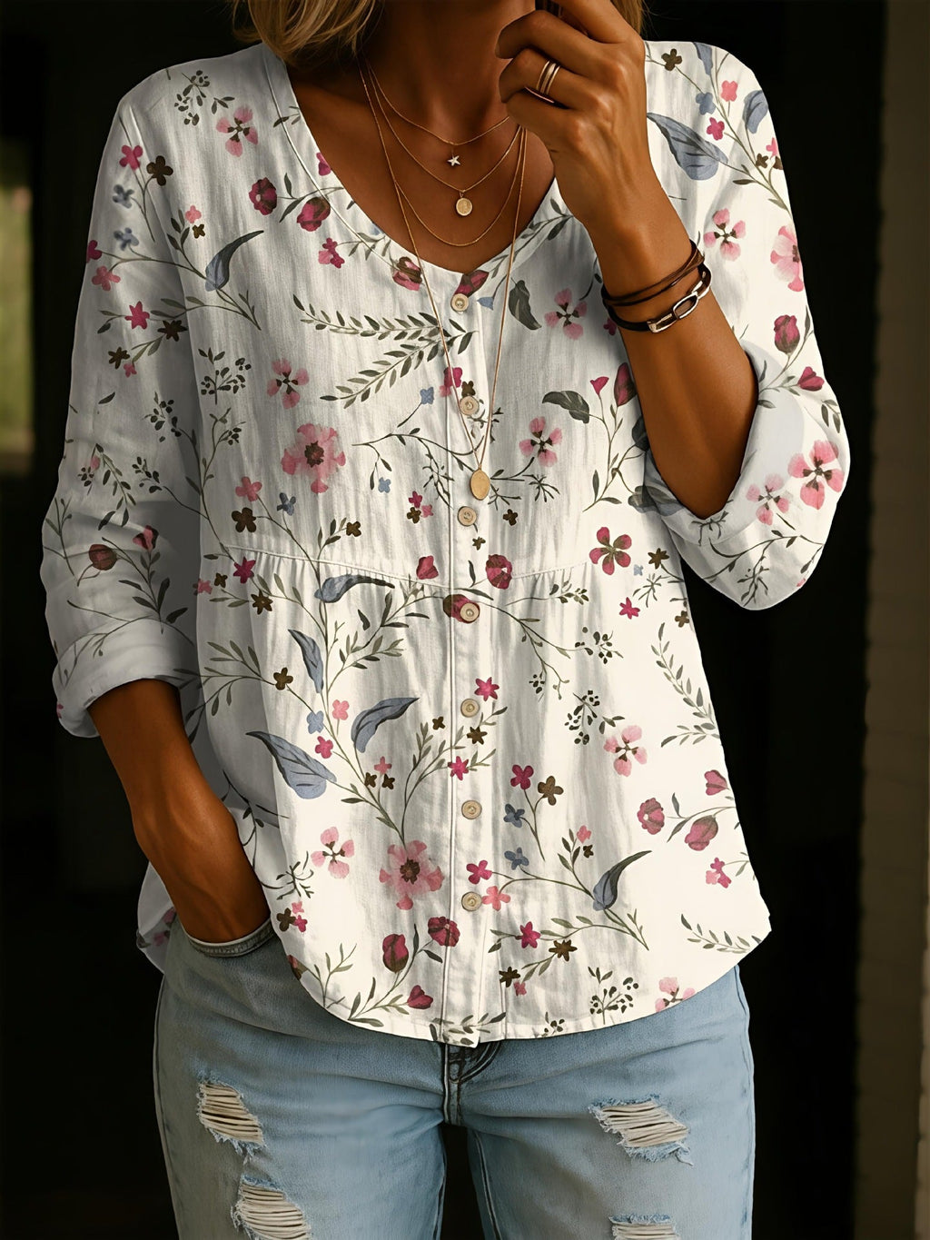 Women's Plus-Size Printed Cardigan – Boho Loose Fit 3/4 Sleeve Top