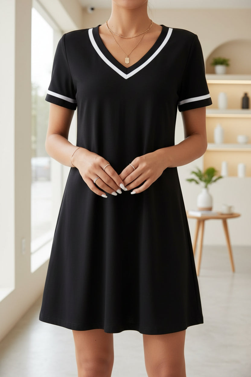 Women's Contrast-Color V-Neck A-Line Dress – Short Sleeve, Elegant, Mid-Rise