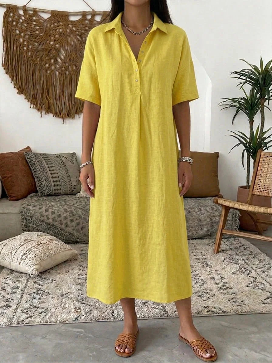 Women's Linen Blend Short Sleeve Polo Neck Maxi Dress