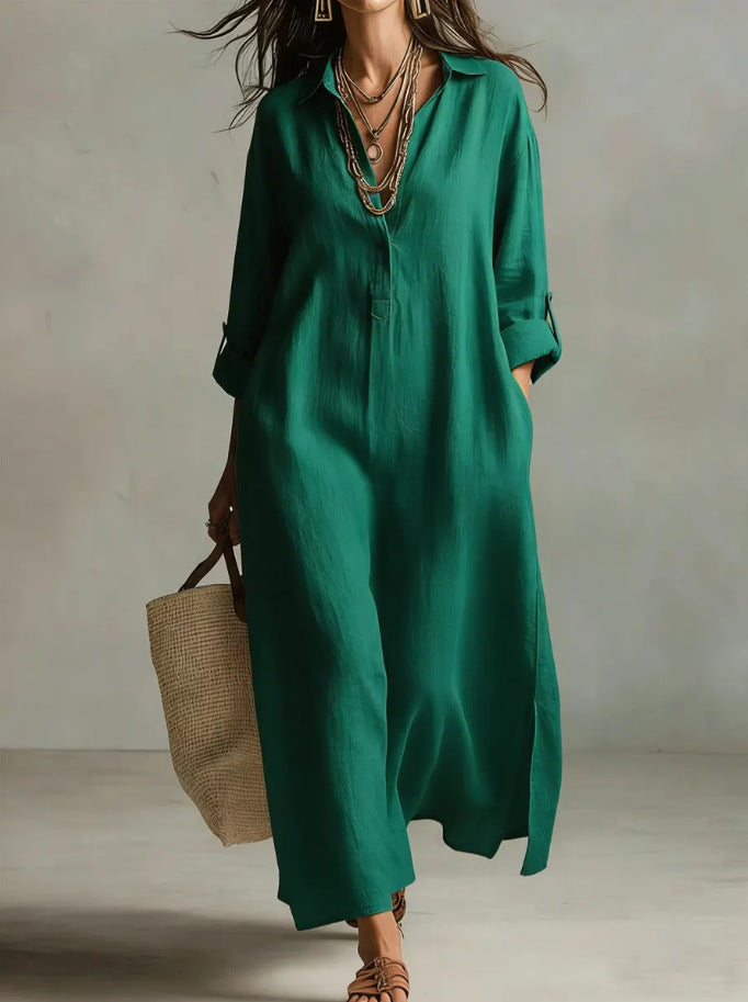 Women's Casual Long-Sleeve Linen Shirt Dress – Relaxed Fit