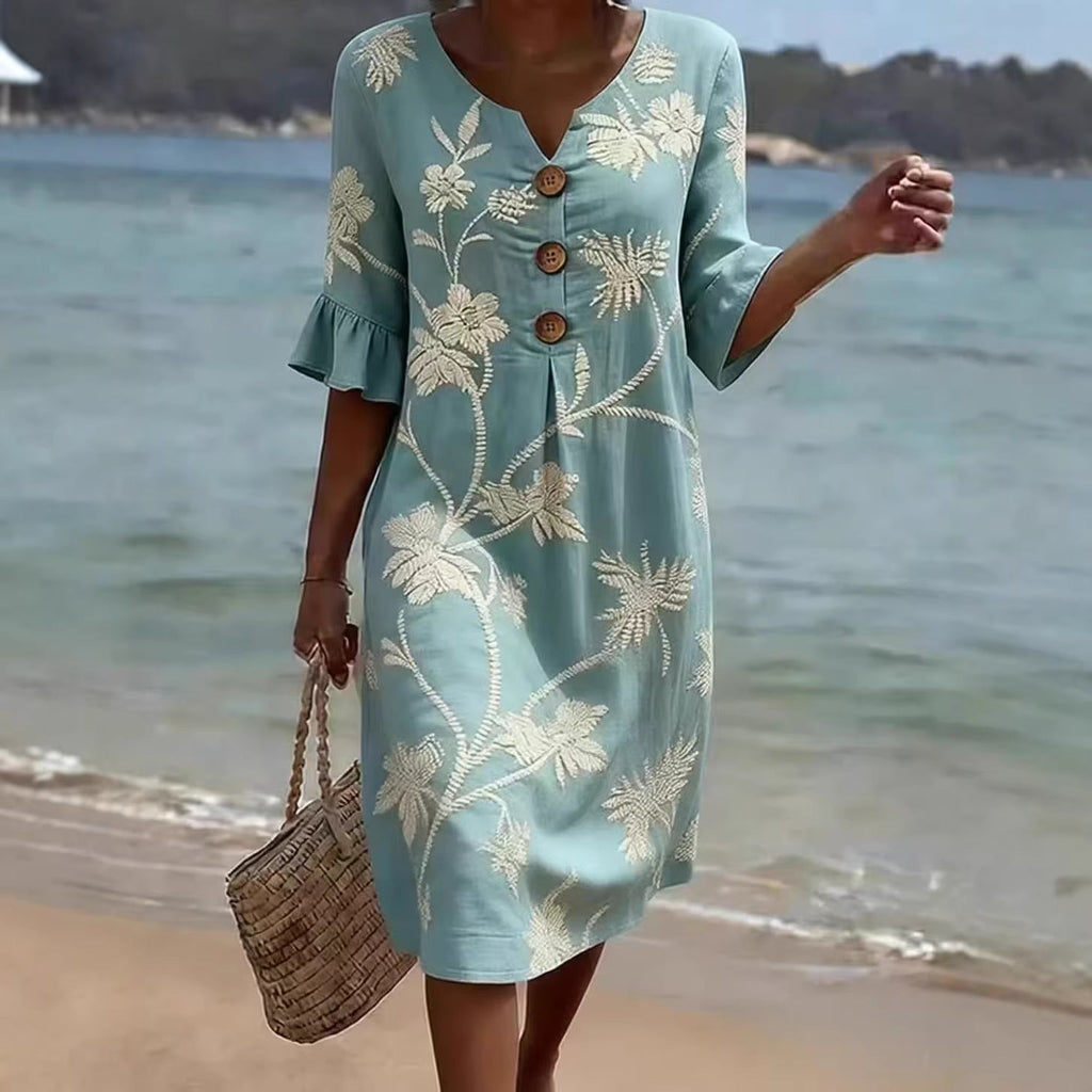 Women's Resort V-Neck Coconut Print Loose Three-Quarter Sleeve Dress