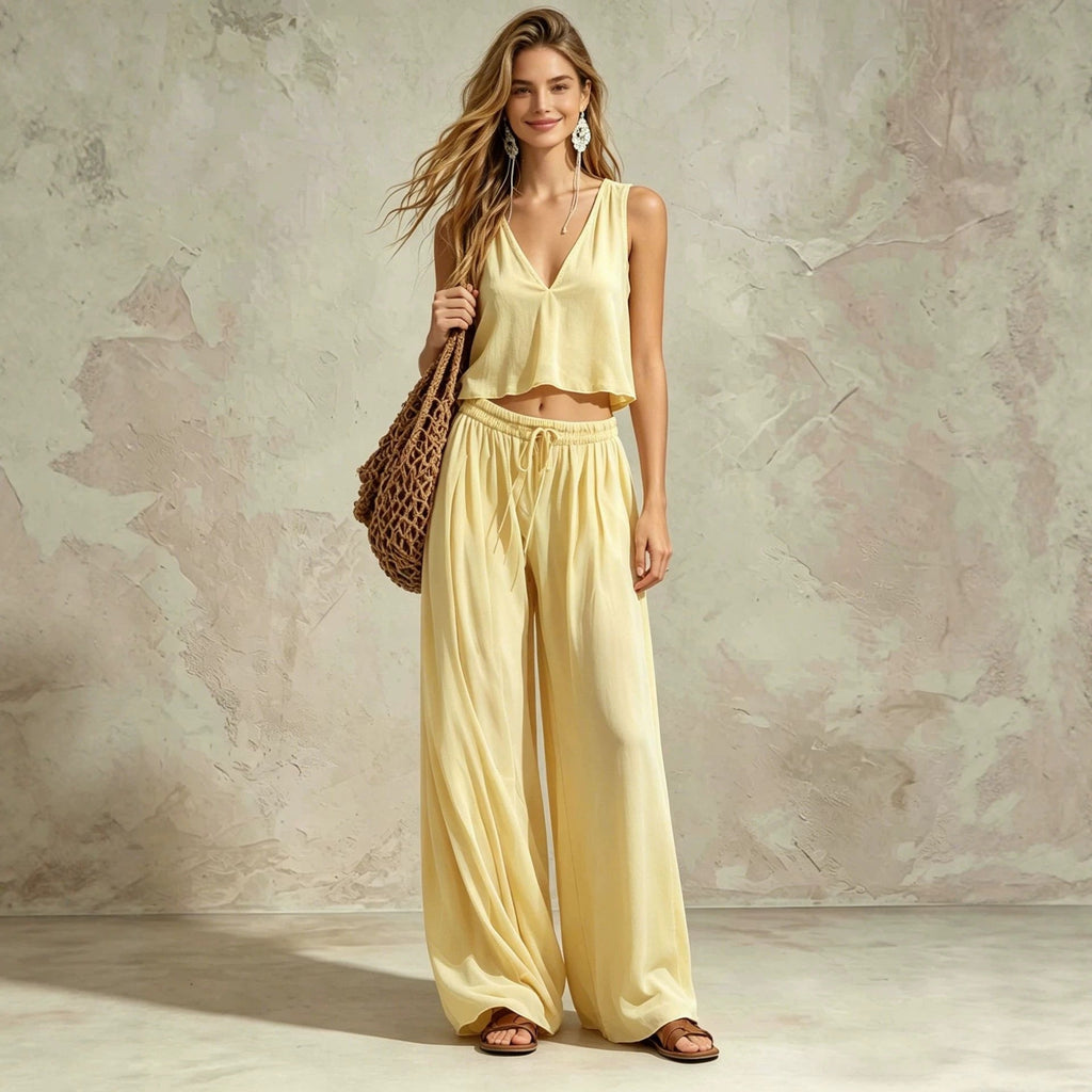 Women's V-Neck Sleeveless Camisole Top & Wide Leg Pants Set