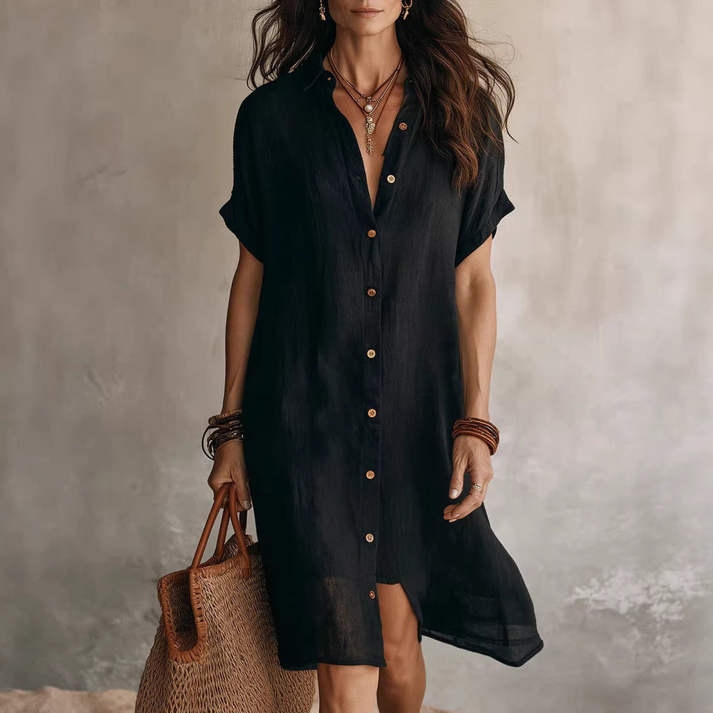 Women's Buttoned Midi Shirt Dress – Short Sleeve