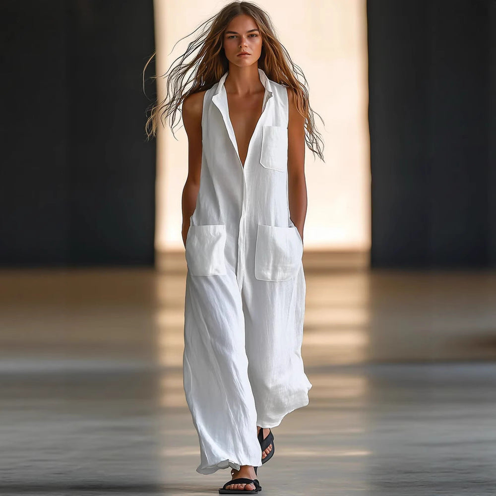 Women's Casual Loose Sleeveless Wide-Leg Cargo Jumpsuit