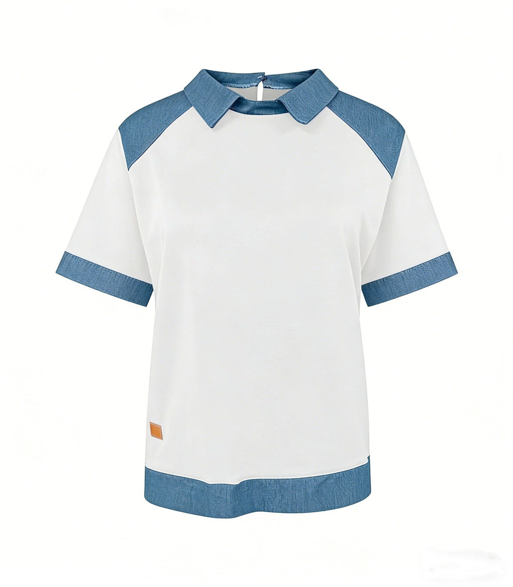 Patchwork Knitted Shirt Short-Sleeve Lapel Button-Up Shirt For Women