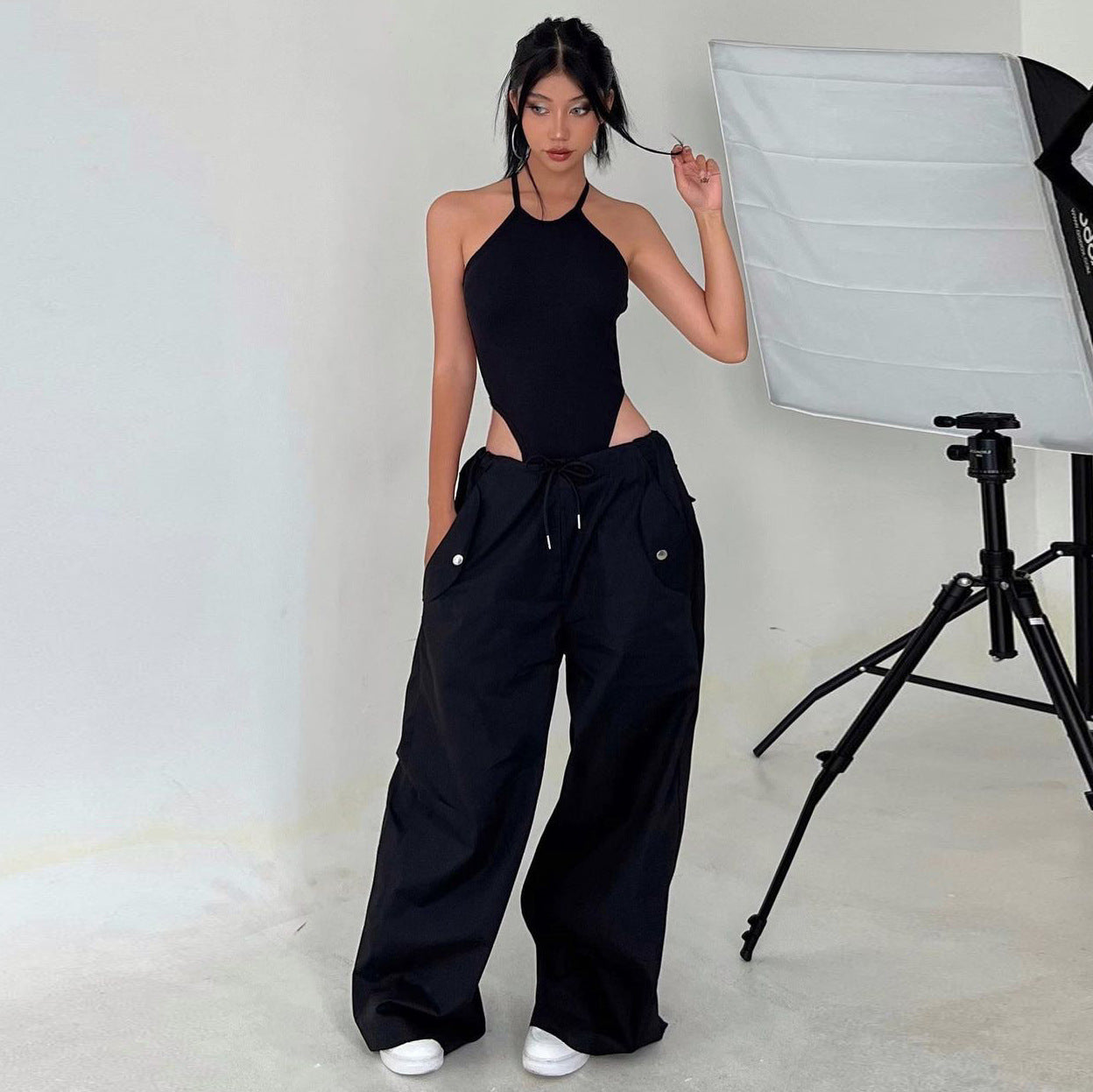 Women's High-Waist Lace-Up Straight-Leg Cargo Pants – Loose Fit