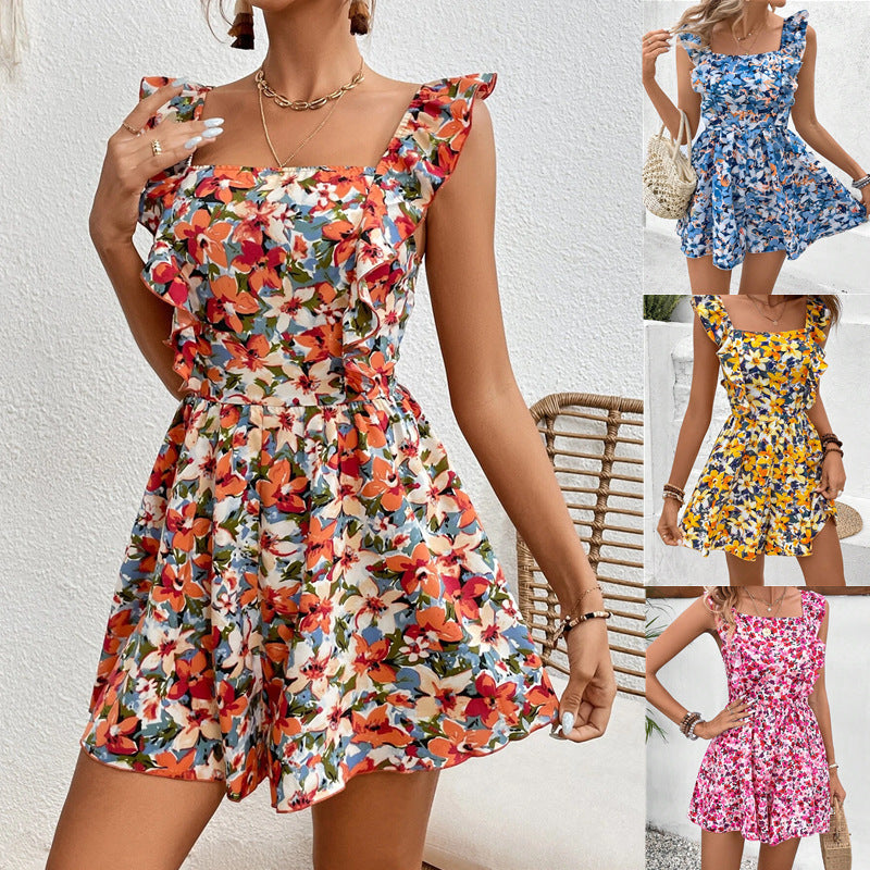 Women's Sleeveless Square Neck Printed Boho Jumpsuit