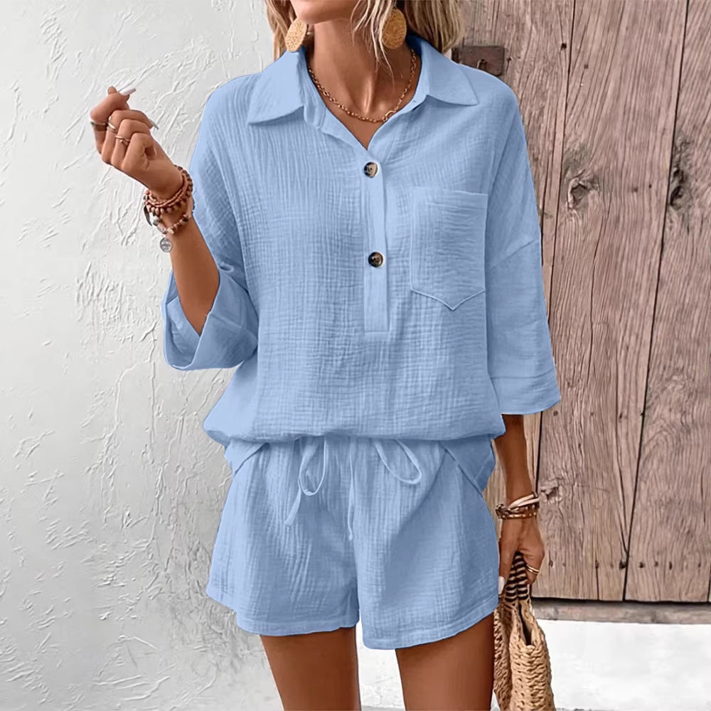 Women's Lapel Collar Double-Panel Shirt & Shorts Two-Piece Set