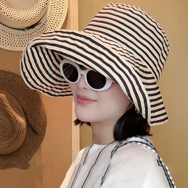Women's Wide-Brim Striped Sun Hat – UV Protection & Adjustable Fit