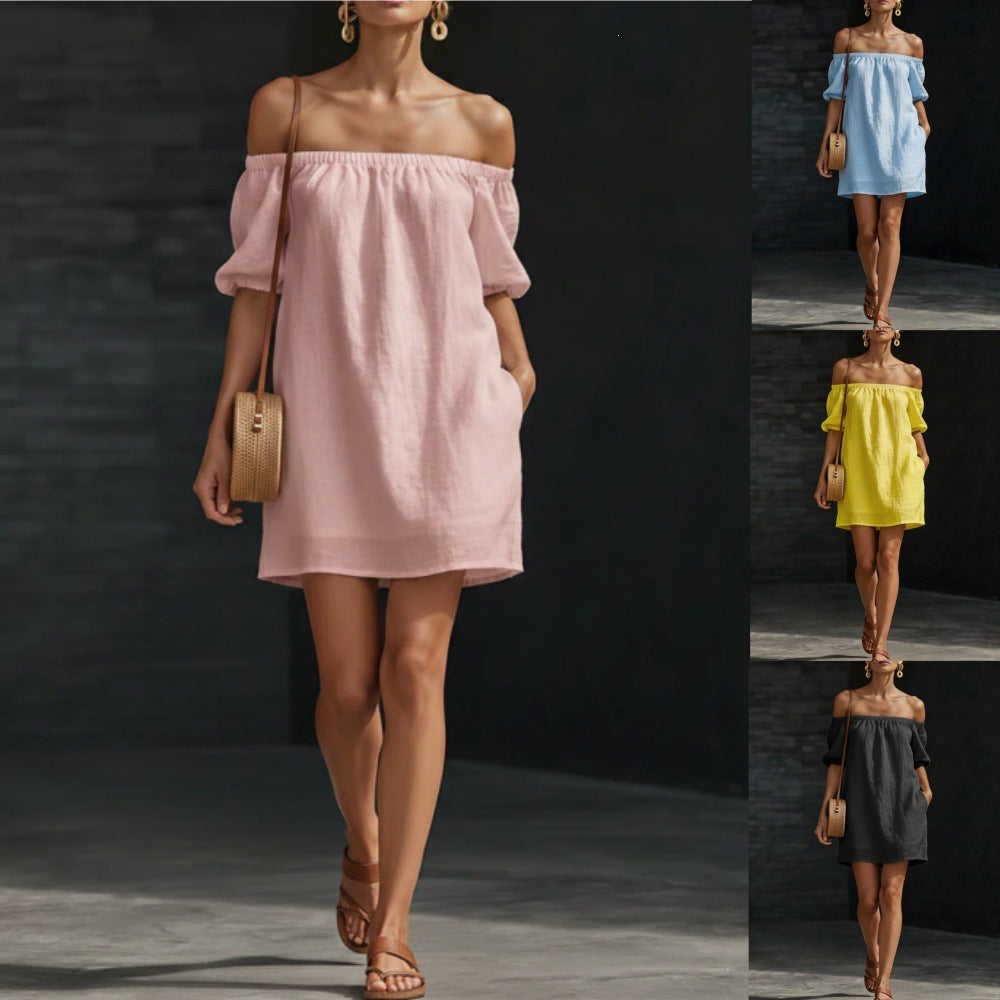 Women's Cotton-Linen Off-Shoulder Puff-Sleeve Loose Mini Dress