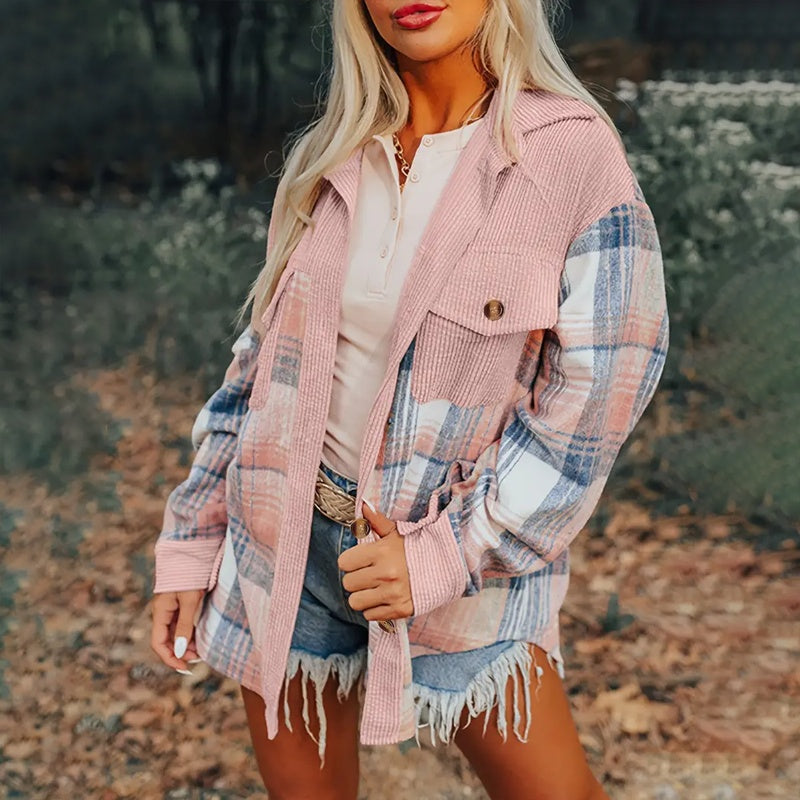 Women's Notch Lapel Check Print Long Sleeve Shirt