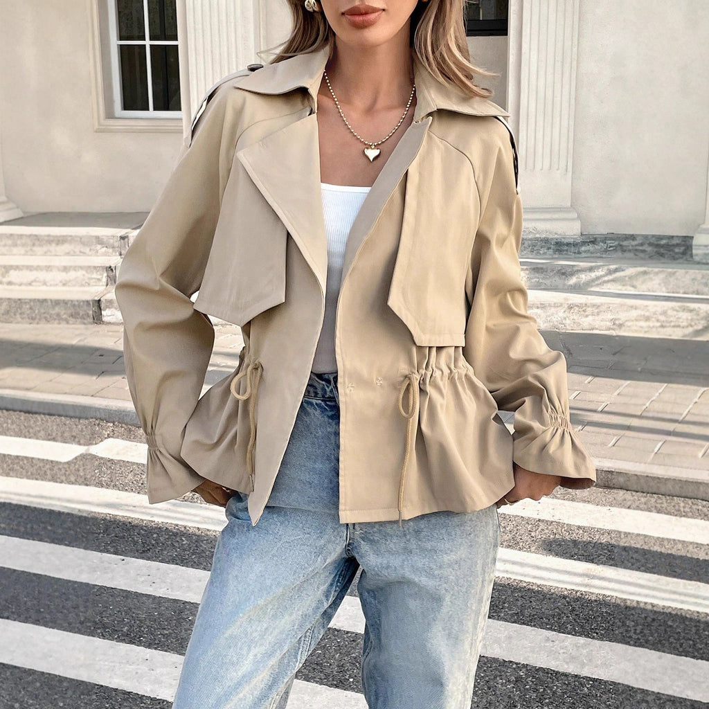 Women's Drawstring Waist Figure-Flattering Casual Coat – Khaki