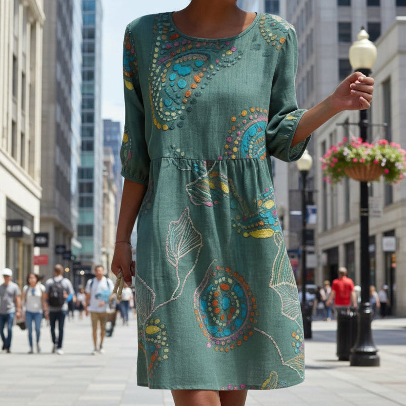 Women's 3D Floral Print Long-Sleeve A-Line Dress – Crew Neck Loose Fit