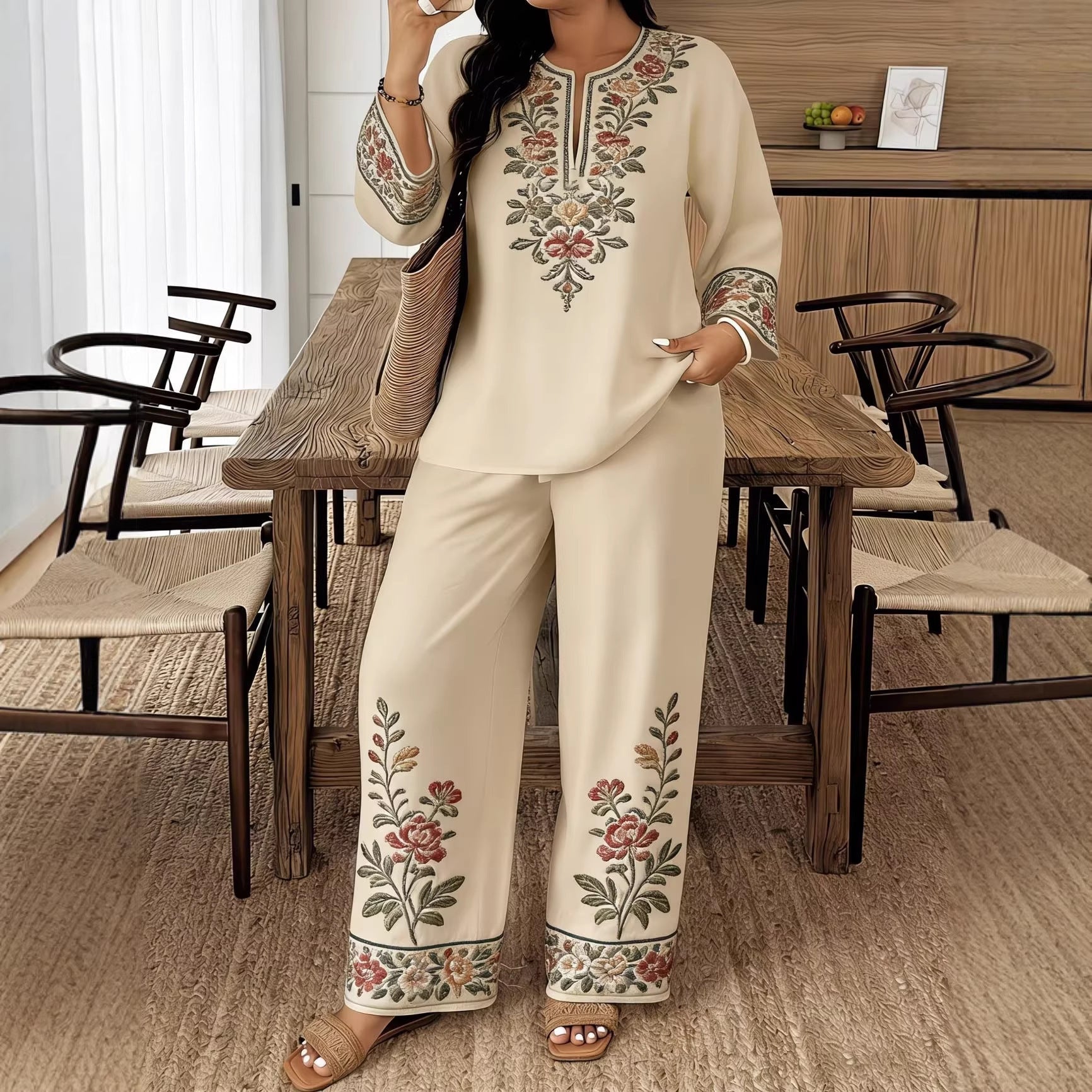 Women’s Ethnic Two Piece Set with Long Sleeve Shirt and Cropped Pants
