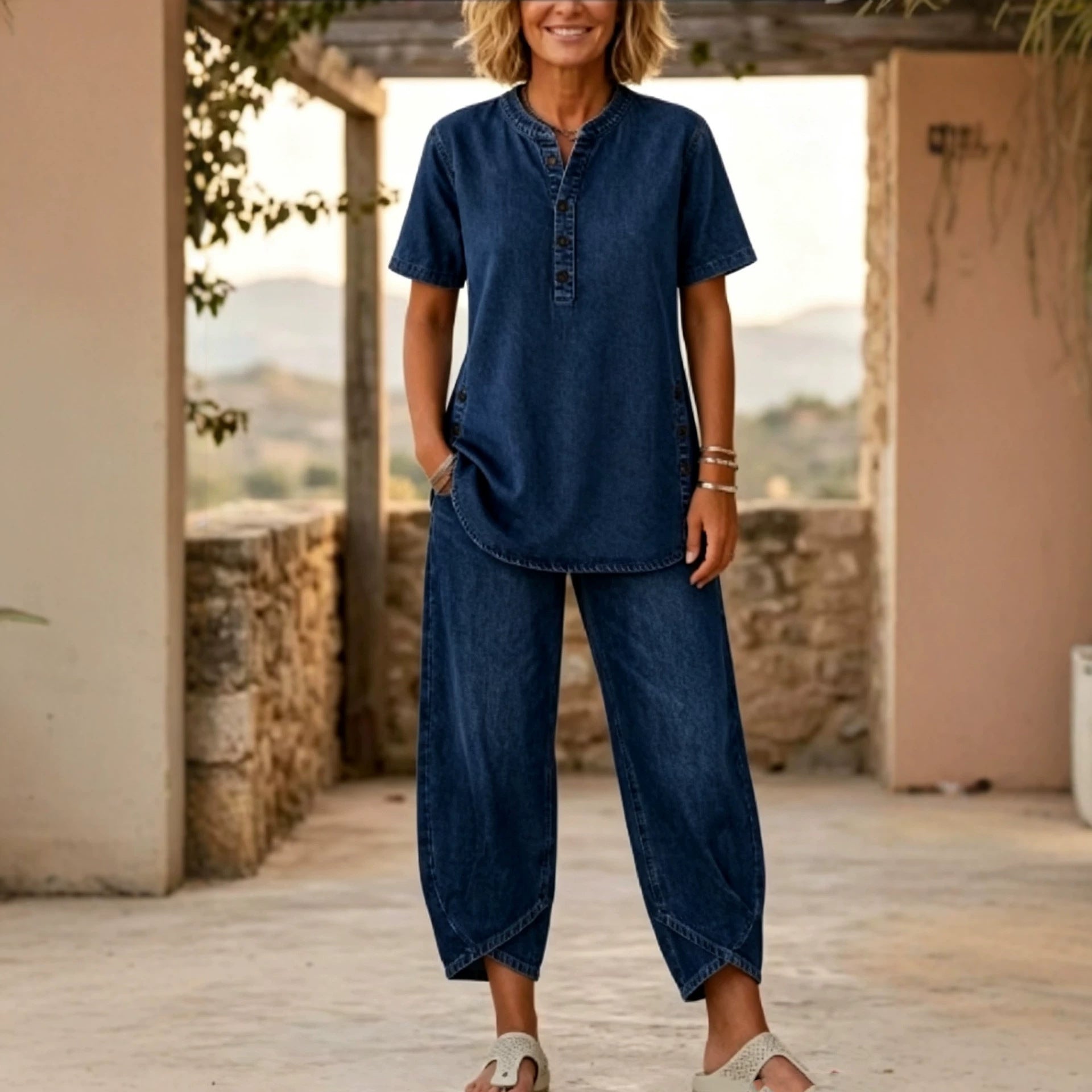 Women's Lapel Button-Up Top & Pants Two-Piece Set – Three-Quarter Sleeve