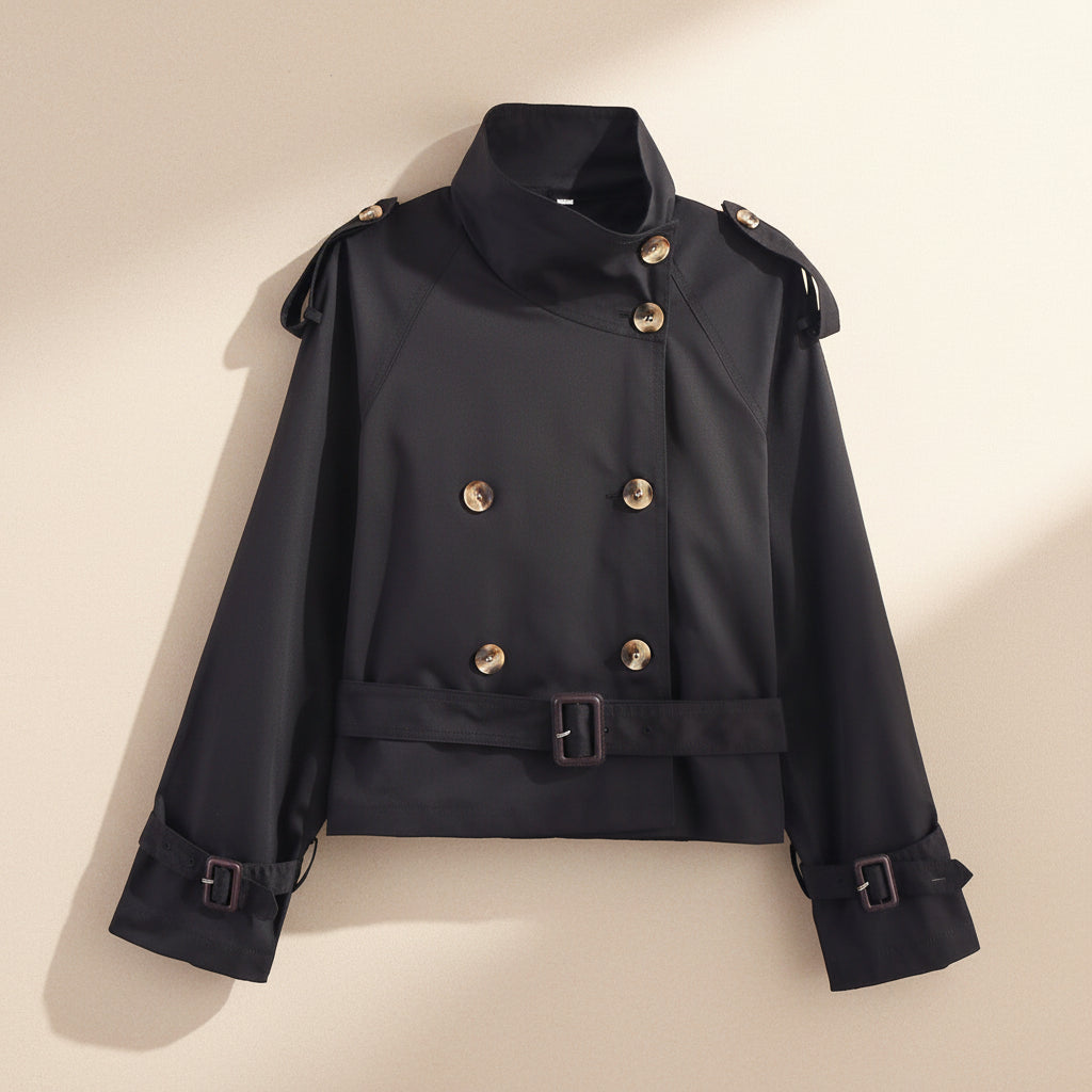Women's Notch-Collar Short Trench Coat with Belt Buckle Detail