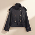 Women's Notch-Collar Short Trench Coat with Belt Buckle Detail