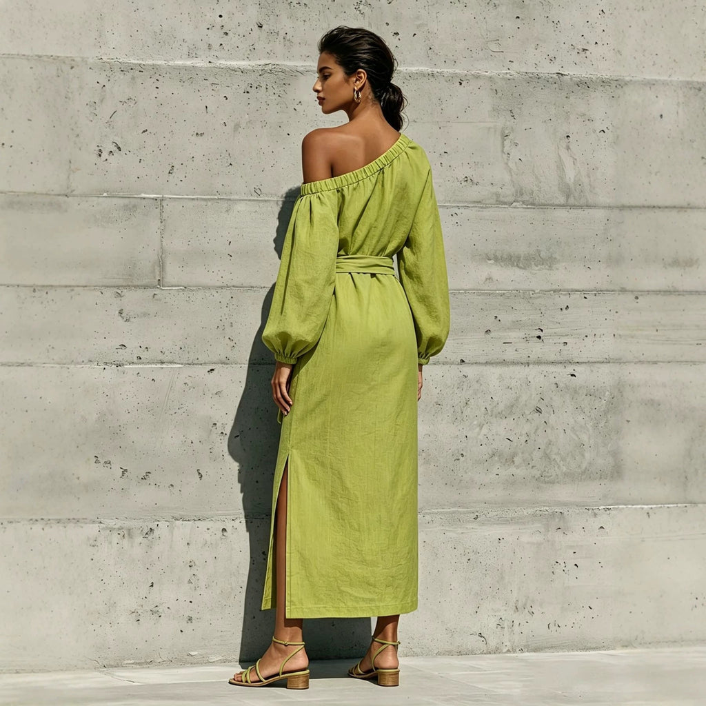 Women's Asymmetric Neck Linen Maxi Dress – Belted with Side Slit & Pockets