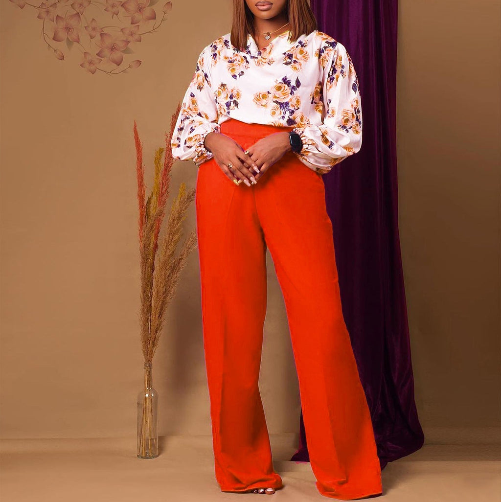 Printed Floral Lace-Up Top & Wide-Leg Pants Set – 4 Colors, S–3XL