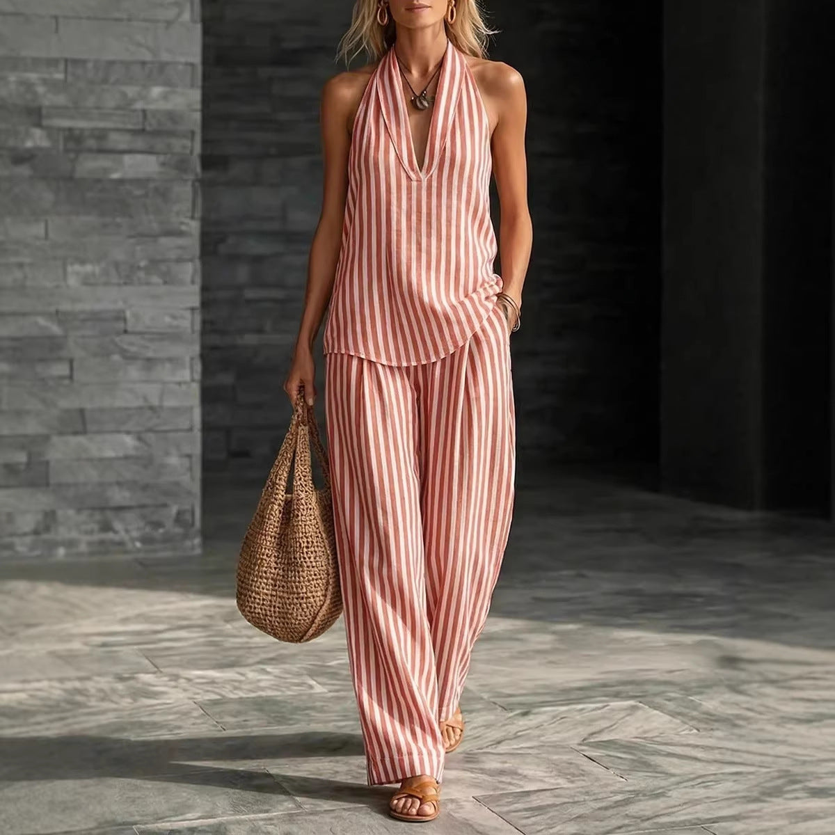 Women's Striped Sleeveless Top & Wide-Leg Pants Set – Fashionable 2-Piece