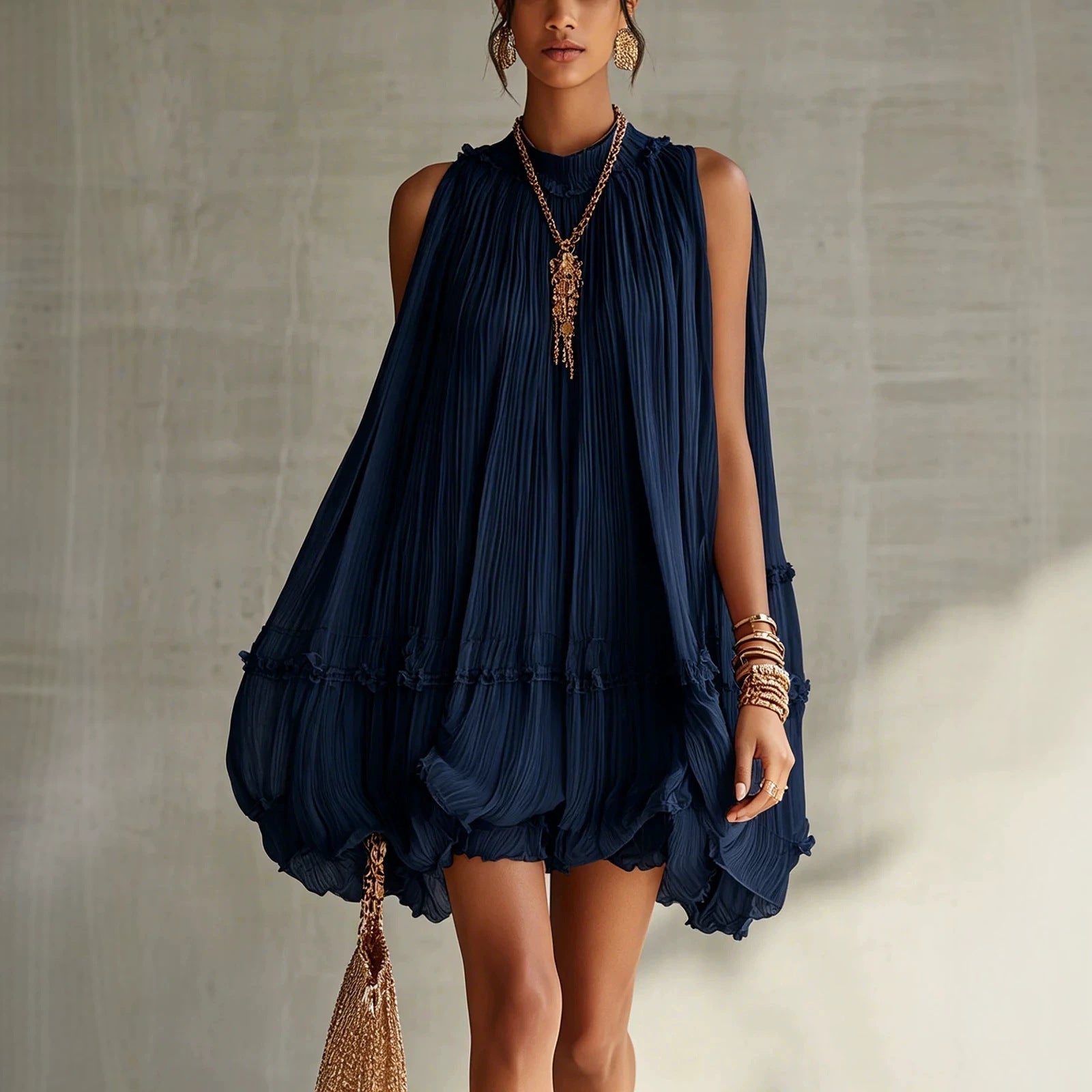 Women's Sleeveless Pleated Puff Skirt A-Line Mini Dress – Ruffled Hem Baby Doll