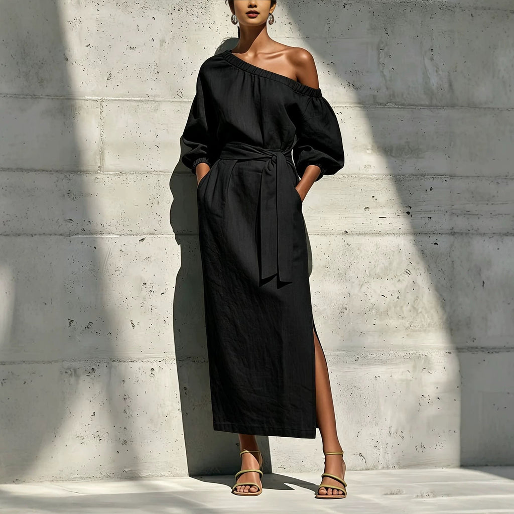 Women's Asymmetric Neck Linen Maxi Dress – Belted with Side Slit & Pockets