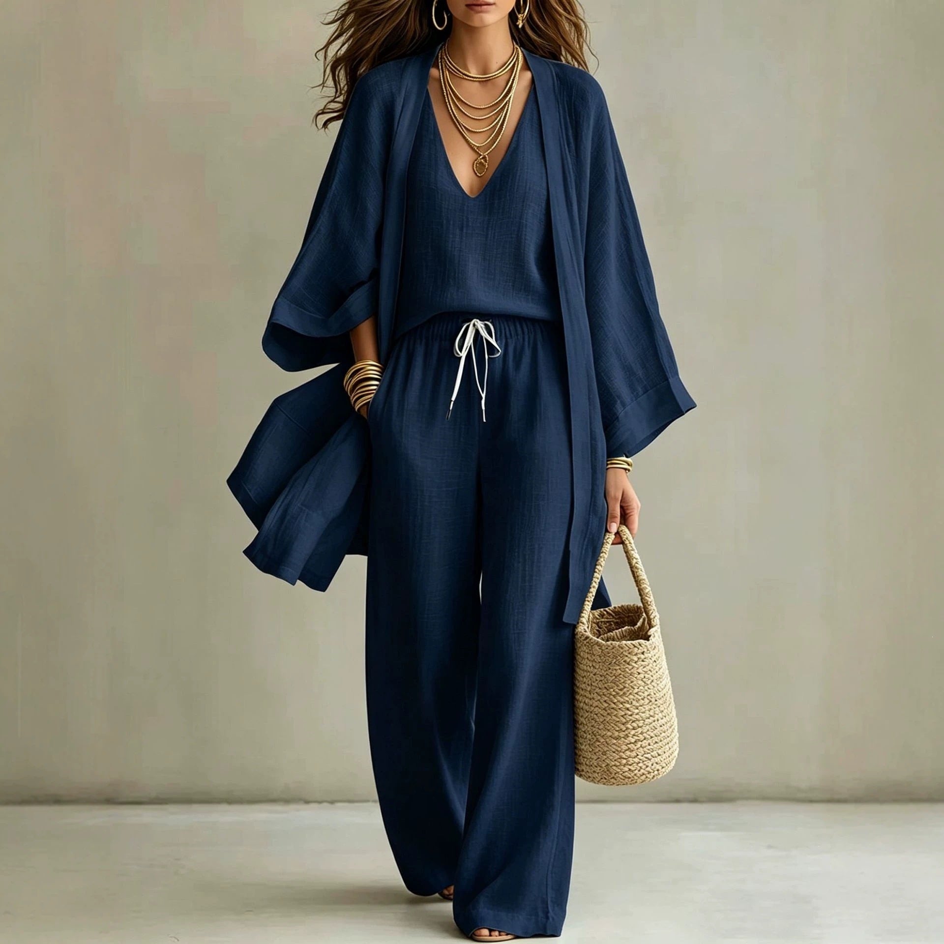 Women's 3-Piece Cardigan, Sleeveless Vest & Wide Leg Pants Set