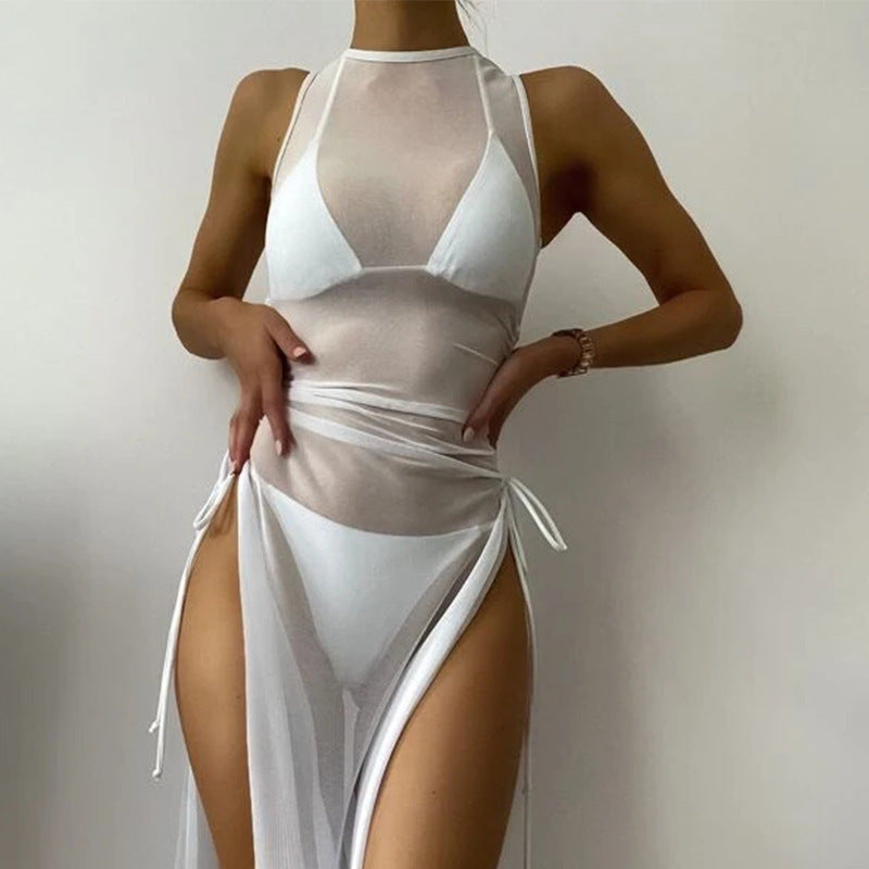 Women's Solid Color Three-Piece Bikini Set with Maxi Dress Cover-Up