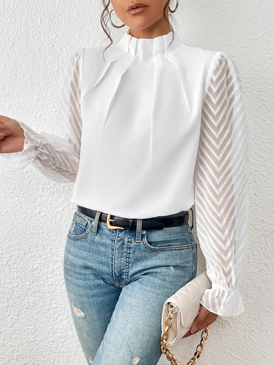 Women's Mock Neck Chiffon Blouse – Wave Pattern Sheer Long Sleeve with Ruffle Cuffs