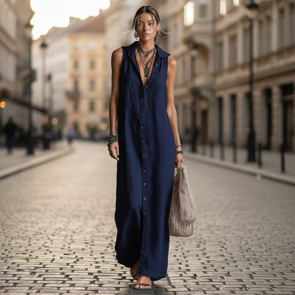 Women's Sleeveless Deep V-Neck Hooded Loose Maxi Dress – 6 Colors XS–3XL