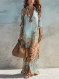 Women's Floral Print Chiffon Turn-Down Collar Split Maxi Dress | Resort Beach Dress